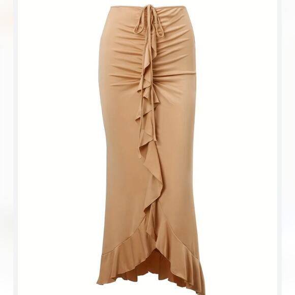 NWT Gold Ruffle Ruched Tulip Romantic Silky Skirt Sz Small - Picture 2 of 7